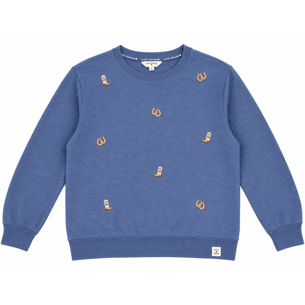 Lucky Brand Womens Blue Embroidered Western Cowboy Boot Horseshoe Sweatshirt L